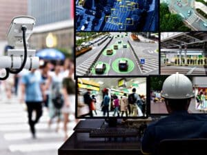 Machine Learning analytics identify person technology in smart city , Artificial intelligence ,Big data , iot concept. Engineer monitoring cctv , security camera and face recognition people traffic.